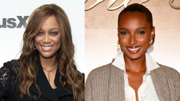 On the left, Tyra Banks poses in a black blazer with lace sleeves. On the right, Jasmine Tookes poses in a white button-down and tan cardigan.