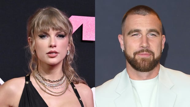On the left, Taylor Swift poses for the camera in a black dress and gold and silver necklace stack. On the right, Travis Kelce poses in front of a gray backdrop in a white tee shirt and white blazer.