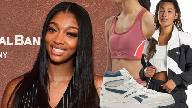 On the left, Angel Reese smiles in a black pinstripe shirt with her black hair down. On the right, there is a woman wearing a pink sports bra, another wearing a white and black nylon track jacket and, in front, a white high-top Reebok shoe.