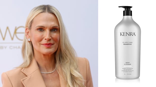 On the left, Molly Sims wears a tan blazer and smiles at the camera. On the right, there is a silver bottle of Kenra Clarifying Shampoo.