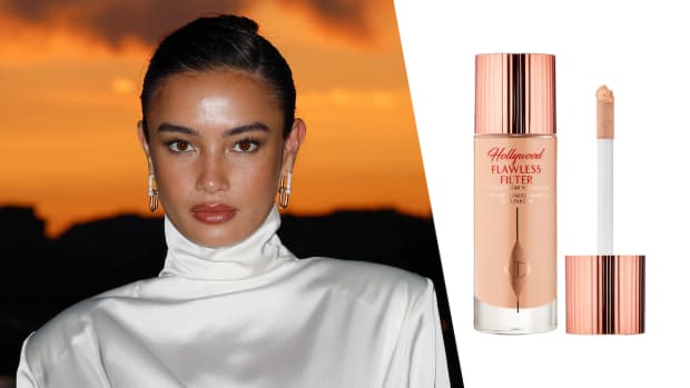 On the left, Kelsey Merritt poses in a white silk turtleneck dress. On the right, there is a bottle of tan Charlotte Tilbury Hollywood Flawless Filter.