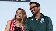 Wrexham Owner & Hollywood actor Ryan Reynolds with his wife Blake Lively in the tribune during the Buildbase FA Trophy Final between Bromley and Wrexham at Wembley Stadium in London, England.