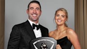 Houston Astros pitcher Justin Verlander poses for a photo with his wife Kate Upton during the 2020 Baseball Writers’ Association of America awards dinner. 