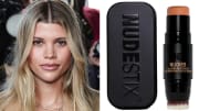 On the left, Sofia Richie smiles at the camera with her dirty blonde hair framing her face. On the right, there is a NUDESTIX Nudies All Over Face Bronzer.