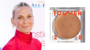 On the left, Molly Sims smiles at the camera in a high-neck red silk dress. On the right, there is a photo of Tower 28 Bronzino Illuminating Cream Bronzer.