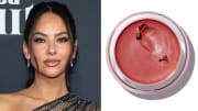 On the left, Christen Harper poses in a mesh one-shoulder black dress. On the right, there is a photo of Goop Beauty’s Colorblur Glow Balm.