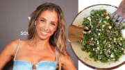 On the left, Katie Austin smiles in a blue satin dress. On the right, there is a photo of Katie Austin’s fall chopped kale salad in a wooden bowl.