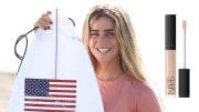 On the left, Caroline Marks poses before the ocean in a light pink swim shirt beside her white surfboard. On the left, there is a photo of NARS Radiant Creamy Concealer.