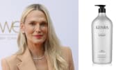 On the left, Molly Sims wears a tan blazer and smiles at the camera. On the right, there is a silver bottle of Kenra Clarifying Shampoo.