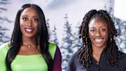 Chiney Ogwumike poses in a green dress and pink lipstick and smiles at the camera beside her sister, Nneka, who wears a black button-down.