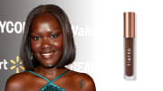 On the left, Nyma Tang poses in a teal sequined dress. On the right, there is a clear tube of Live Tinted HUESKIN Serum Concealer containing dark brown concealer.