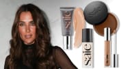 On the left, Melissa Wood-Tepperberg poses for the camera in a sheer black top. On the right, there are four Saie beauty products that she uses.