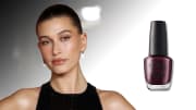 On the left, Hailey Bieber poses in a black halter neck dress and a slicked-back up-do. On the right, there is a bottle of dark burgundy OPI nail polish.
