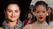On the left, Selena Gomez poses in a silver ruffled collar and a slicked-back up-do and smiles for the camera. On the right, Rihanna stars intently as the lens, wearing a white dress, pearl and diamond necklaces and red lipstick.