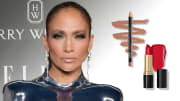 On the Left, Jennifer Lopez poses in a silver metallic top and slicked-back up-do. On the right, there are two lip products.