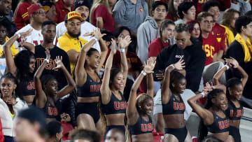 The Cardinal Divas perform during the USC-Arizona State game at the Los Angeles Memorial Coliseum in Oct. 2022. 