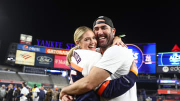 Astros pitcher Justin Verlander celebrates with his wife Kate Upton following Houston’s defeat of the New York Yankees.