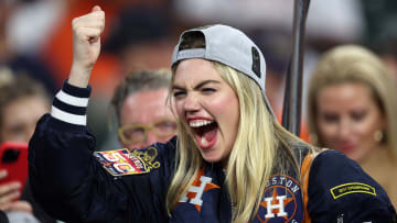 Kate Upton celebrates after the Houston Astros defeat the Philadelphia Phillies 4-1 to win the 2022 World Series. 
