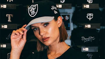 Josephine Skriver in a custom Lids hat.