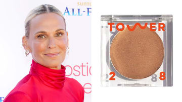 On the left, Molly Sims smiles at the camera in a high-neck red silk dress. On the right, there is a photo of Tower 28 Bronzino Illuminating Cream Bronzer.