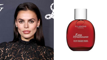 On the left, Brooks Nader poses in a black high-neck lace dress. On the right, there is a red bottle of Clarins Eau Dynamisante perfume.