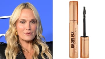 On the left, Molly Sims smiles in a black leather jacket in front of a blue backdrop. On the right, there is a gold tube of Charlotte Tilbury Brow Fix on a white background.