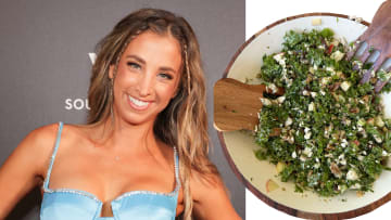 On the left, Katie Austin smiles in a blue satin dress. On the right, there is a photo of Katie Austin’s fall chopped kale salad in a wooden bowl.