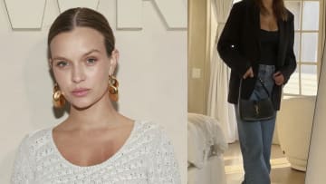 On the left, Josephine Skriver poses in an off-white knit dress and chunky gold earrings. On the left, she poses in a black bodysuit, black blazer and blue jeans.