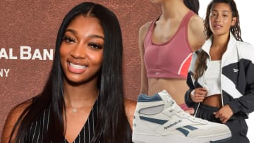 On the left, Angel Reese smiles in a black pinstripe shirt with her black hair down. On the right, there is a woman wearing a pink sports bra, another wearing a white and black nylon track jacket and, in front, a white high-top Reebok shoe.