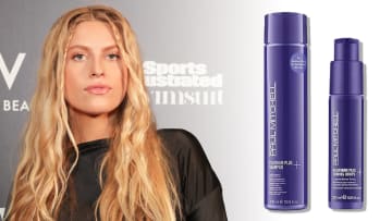 On the left, XANDRA poses in a black silk dress with her long blonde hair in a gentle wave. On the right, there is a light purple bottle of Paul Mitchell shampoo and a darker purple bottle of toning drops.