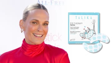 On the left, Molly Sims smiles at the camera wearing a red high-neck silk dress. On the right, there is a blue and white pack of Talika Eye Therapy Patches.