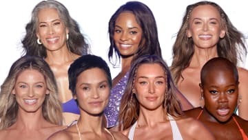 Nina Cash, Brittney Nicole, Jena Sims, Berkleigh Wright, Sharina Gutierrez, Penny Lane and Achieng Agutu pose in their swimsuits during the 2023 Miami Swim Week.