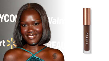 On the left, Nyma Tang poses in a teal sequined dress. On the right, there is a clear tube of Live Tinted HUESKIN Serum Concealer containing dark brown concealer.