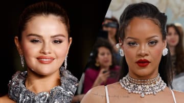 On the left, Selena Gomez poses in a silver ruffled collar and a slicked-back up-do and smiles for the camera. On the right, Rihanna stars intently as the lens, wearing a white dress, pearl and diamond necklaces and red lipstick.