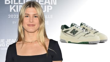 On the left, Genie Bouchard wears a black square-neck top and smiles for the camera. On the right, there is a pair of New Balance’s ALD x New Balance 550 shoes.