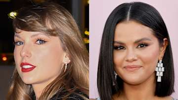 On the left, Taylor Swift sports red lipstick and looks to the side at the camera. On the right, Selena Gomez wears diamond drop earrings and smiles softly for the camera.