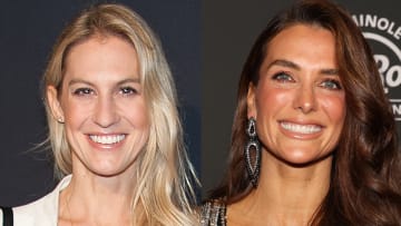 On the left, Kim Strother wears a white top and smiles for the camera. On the right, Melissa Wood-Tepperberg sports a black sparkly dress and earrings and smiles for the camera.