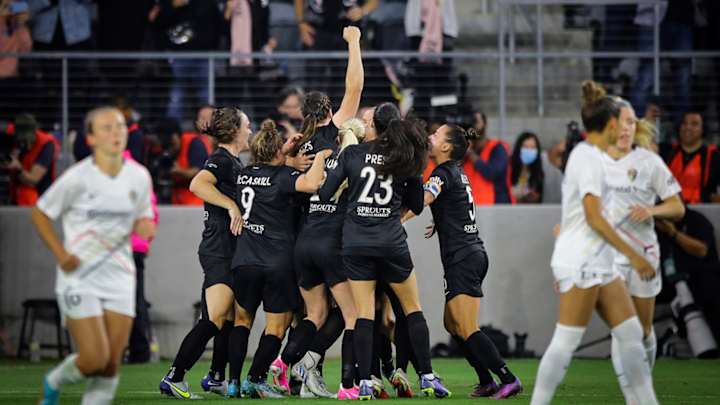 Angel City FC celebrates scoring a goal. Angel City FC celebrates scoring a goal.