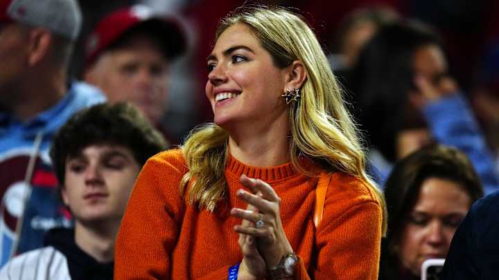Kate Upton looks on during Game 5 of the 2022 World Series between the Houston Astros and the Philadelphia Phillies.