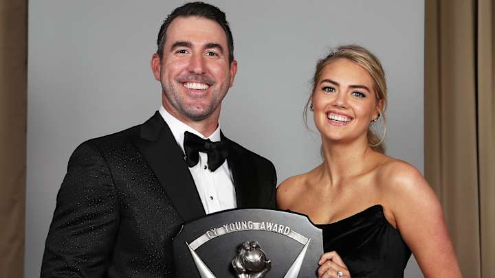 Houston Astros pitcher Justin Verlander poses for a photo with his wife Kate Upton during the 2020 Baseball Writers’ Association of America awards dinner. Houston Astros pitcher Justin Verlander poses for a photo with his wife Kate Upton during the 2020 Baseball Writers’ Association of America awards dinner.