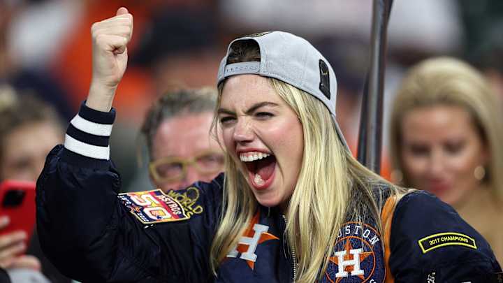 Kate Upton celebrates after the Houston Astros defeat the Philadelphia Phillies 4-1 to win the 2022 World Series. 