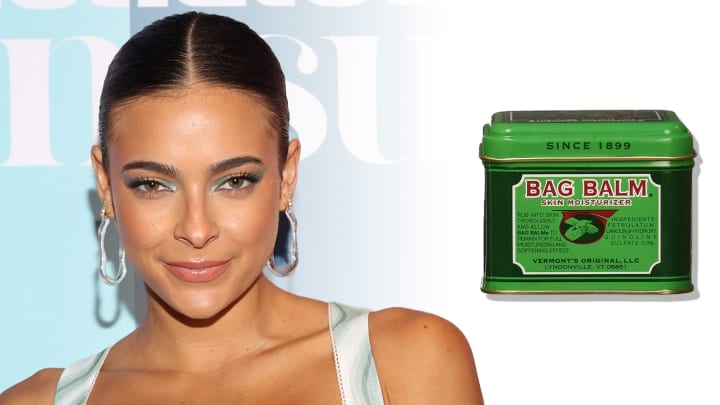 On the left, Ally Courtnall poses in a green and white dress and oversized silver hoops. On the right, there is a green metal tin of Bag Balm Skin Moisturizer.