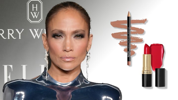 On the Left, Jennifer Lopez poses in a silver metallic top and slicked-back up-do. On the right, there are two lip products.