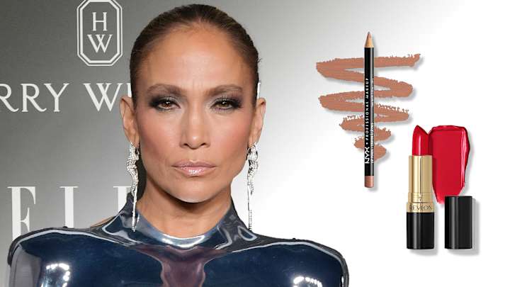 On the Left, Jennifer Lopez poses in a silver metallic top and slicked-back up-do. On the right, there are two lip products. On the Left, Jennifer Lopez poses in a silver metallic top and slicked-back up-do. On the right, there are two lip products.