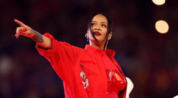 Rihanna performed onstage during the Apple Music Super Bowl LVII Halftime Show.