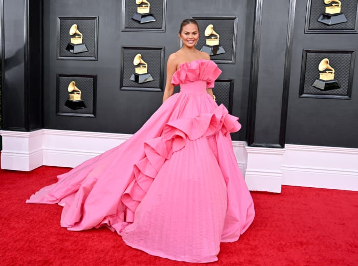 Chrissy Teigen attends the 64th Annual GRAMMY Awards at MGM Grand Garden Arena in Las Vegas, Nevada.