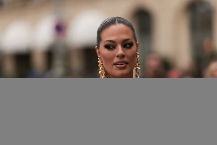 Ashley Graham wears a total Schiaparelli look during Paris Fashion Week.
