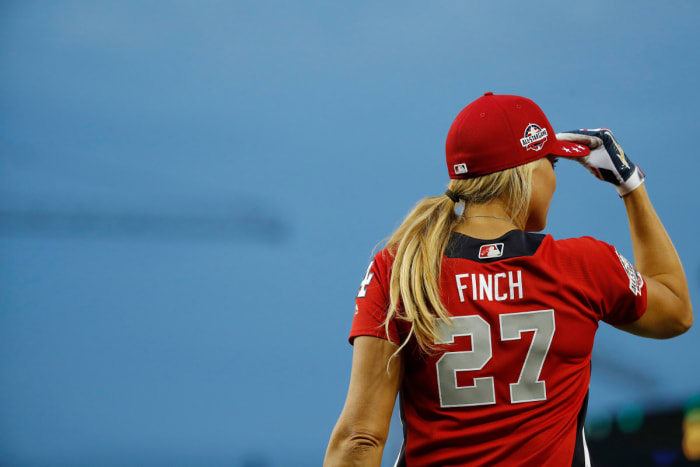 Jennie Finch prepares to bat during the MLB All-Star Celebrity Softball Game at Nationals Park in 2018.