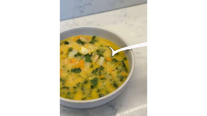 Creamy white bean and kale potato soup.