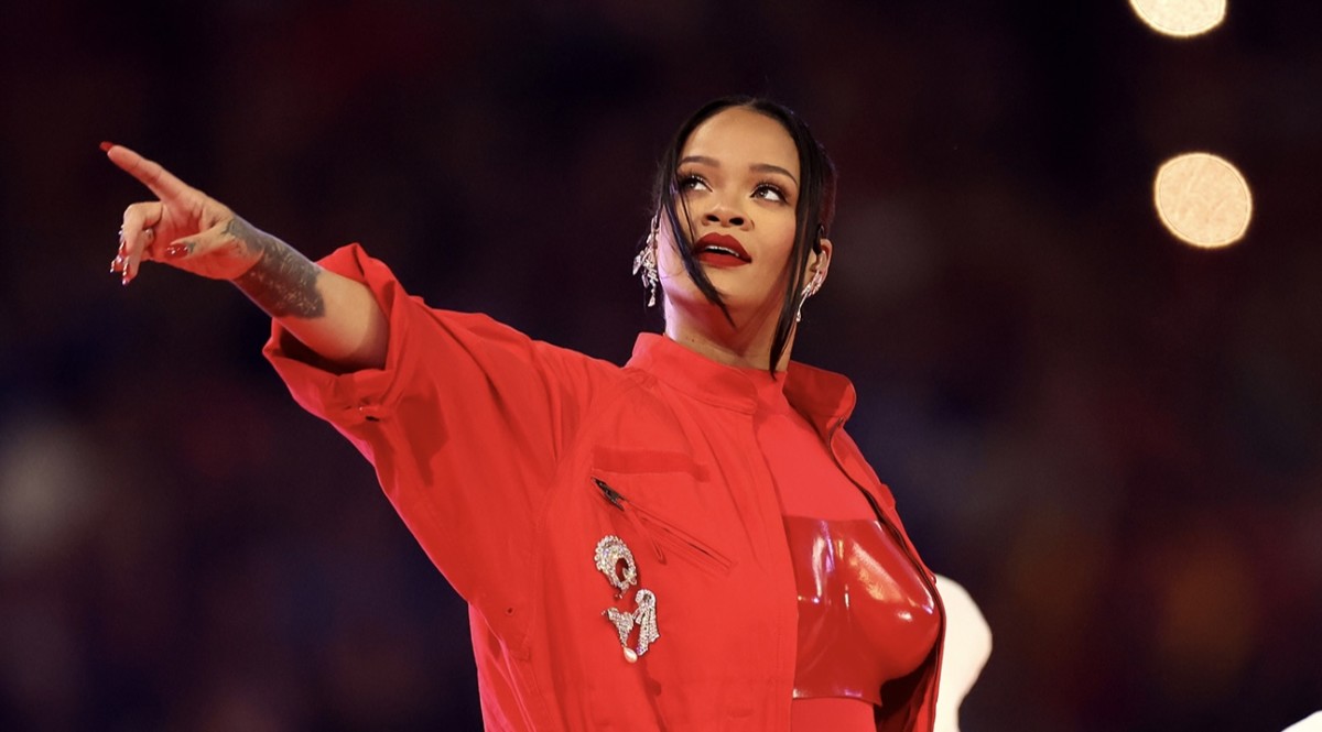 Rihanna performed onstage during the Apple Music Super Bowl LVII Halftime Show.